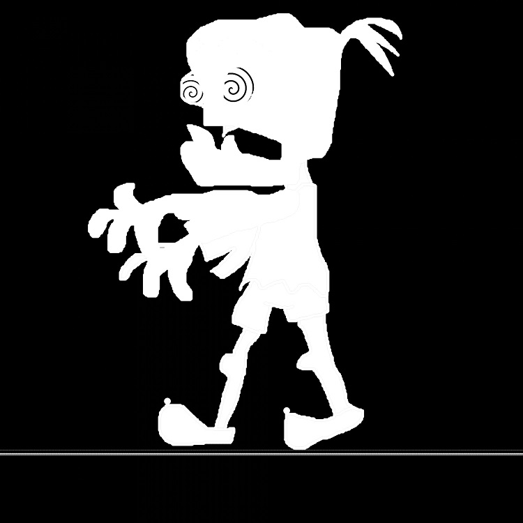 White silhouette of a zombie on a black background